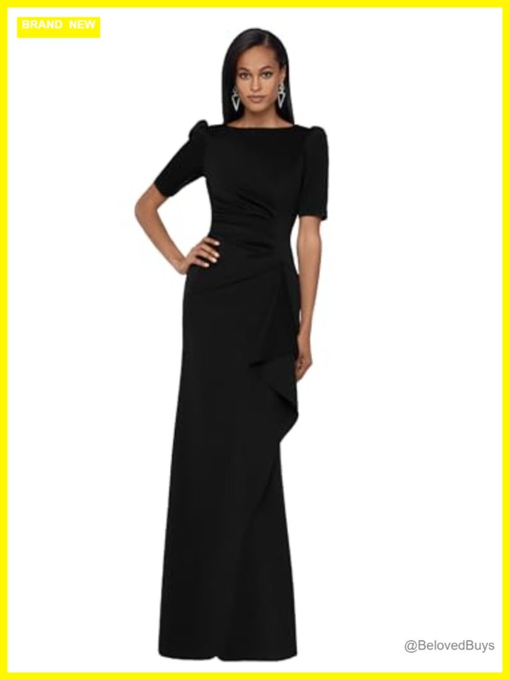 Xscape Long Boat Neck Bodycon Evening Gown 3/4 Sleeves Ruffle